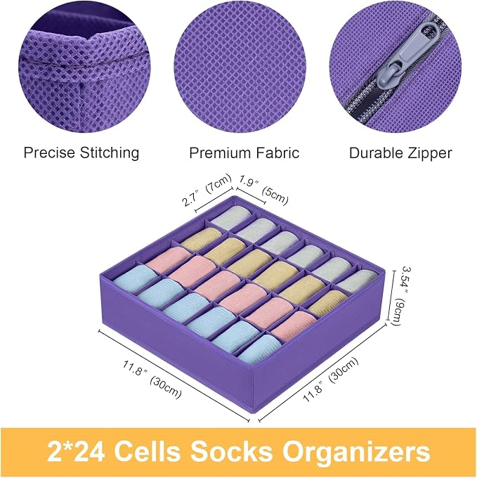 joyoldelf Sock Drawer Organizer Divider 4 Packs Underwear Organizer, 24 Cell Closet Organizers and Storage Organizer Sock Holders Organizers for Storing Socks, Handkerchiefs, Ties, Belts (Purple)