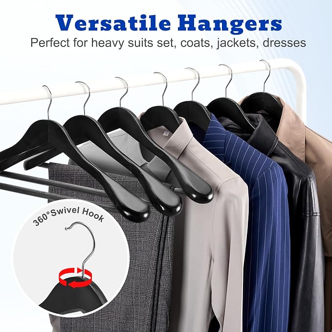 HOUSE DAY Wide Shoulder Wooden Hangers 12 Pack, Wood Suit Hangers for Men with Non Slip Pants Bar, Smooth Finish Solid Wood Coat Hangers for Jacket, Pants, Dress, Heavy Clothes Hangers (Black)