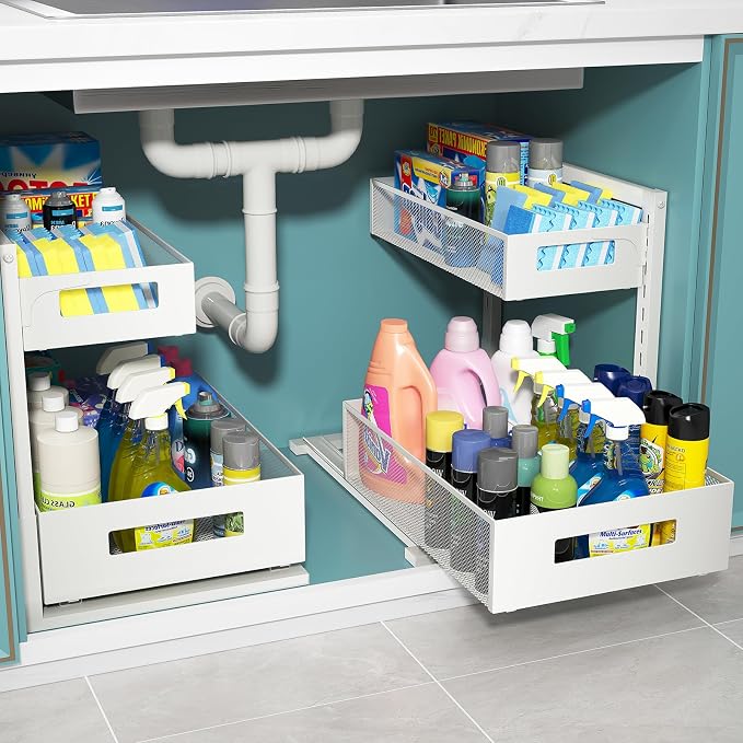TISTAYA Under Sink Organizer, Bathroom Organizers and Storage, Cabinet Organizer for Kitchen, Bathroom, Pantry, Laundry, Study, White, 1XL, 2PCS