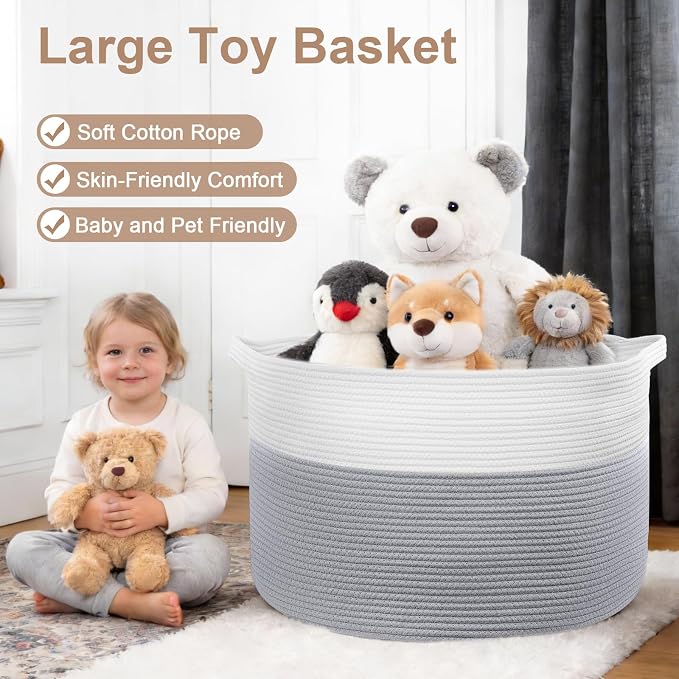 XXXL Large Laundry Basket, 105L Soft Cotton Rope Basket, Blanket Storage and Organizers, Baby Nursery Laundry Hamper, Extra Large Toys Storage Bins for Kids 23.6'' x 14.6'', White & Gray