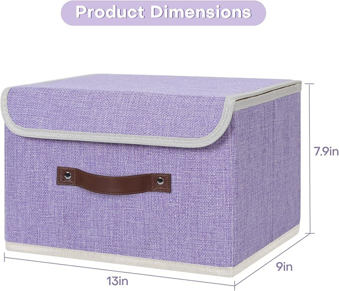 ANMINY Storage Bin with Lid Storage Boxes with PU Leather Handles PP Plastic Board Decorative Foldable Lidded Cotton Linen Fabric Home Cubes Baskets Closet Organizer Container - Purple, Medium