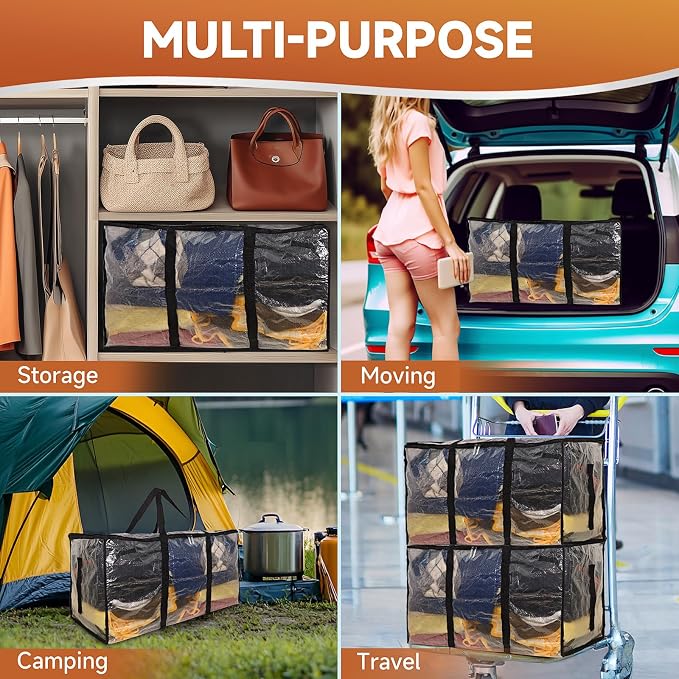 CONGREGATE 8 Pack Heavy Duty Semi-Transparent Extra Large Moving Bags, 97L/25.6Gal PP Totes w/Reinforced Handles & Metal Zippers, 28.7"x13.7"x15" Foldable Moving Boxes For Home Dorm Storage