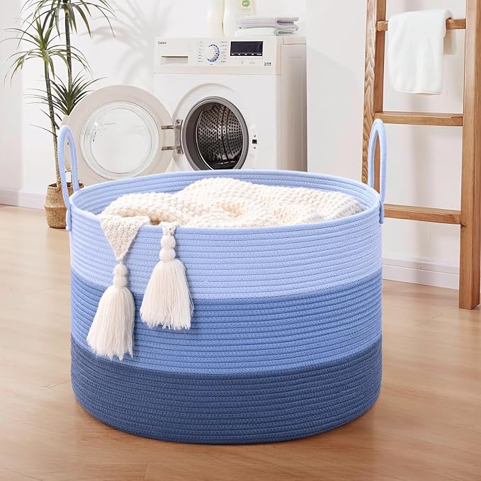 67L Large Woven Blanket Basket, Cotton Rope Baby Laundry Hamper with Handles, Kids Toy Basket for Classroom & Nursery, Soft Round Stuffed Animal Storage, Dog Toy Bin - 20"x13", Blue