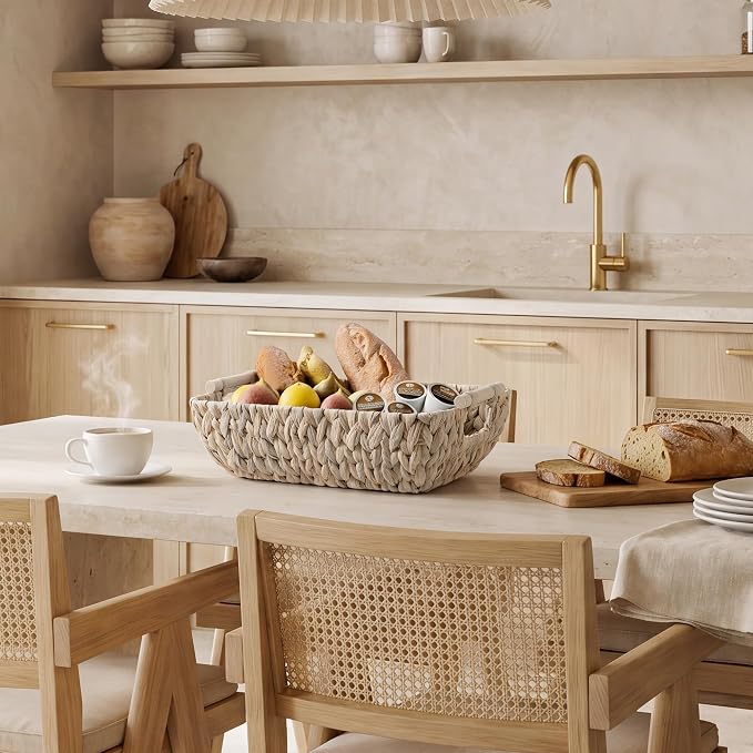 Storageworks Wicker Baskets for Shelves, Set of 2 Water Hyacinth Basket Organizer, Large Wicker Baskets for Storage, Decorative Storage Basket with Wooden Handles for Gifts, White