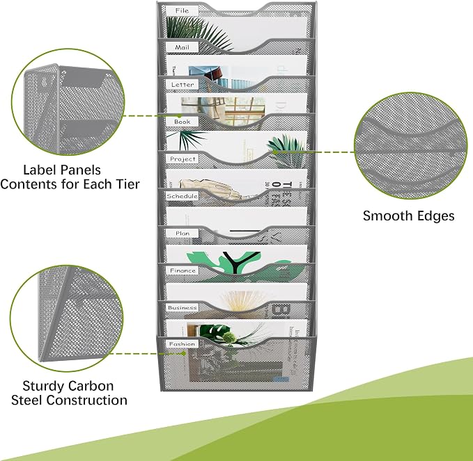 EasyPAG 10 Pocket Mesh Wall File Organizer, Hanging Paper Folder Holder with Classify Label, Vertical Wall Mount Mail Organizer for Office Home Classroom, Silver