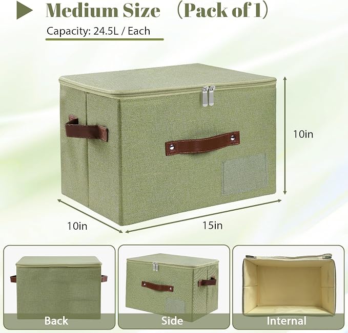 ANMINY Storage Bins with Zipper Lid Storage Boxes with Label Holder PU Leather Handles Washable Foldable Decorative Lidded Cotton Linen Fabric Cubes Baskets Closet Organizer - Green, Medium