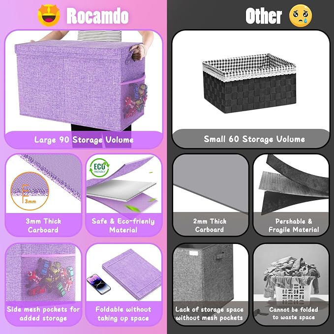 Large Toy Storage Box with Lid Divider, Sturdy Collapsible Toys Organizer Chest Kids Storage Bins Boxes Baskets for Boys, Girls, Nursery, Bedroom, Living Room, Playroom, 25"x13"x16", Purple