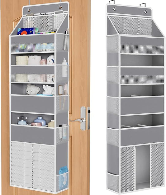 WISELIFE 5-Tier Over the Door Organizer for Hanging - 50LB Heavy-Duty Back of Door Organizer with 5 Spacious Pockets & 13 Mesh Pockets, Multipurpose Storage for Nursery, Bedroom, Closet(1 Pack, Gray)