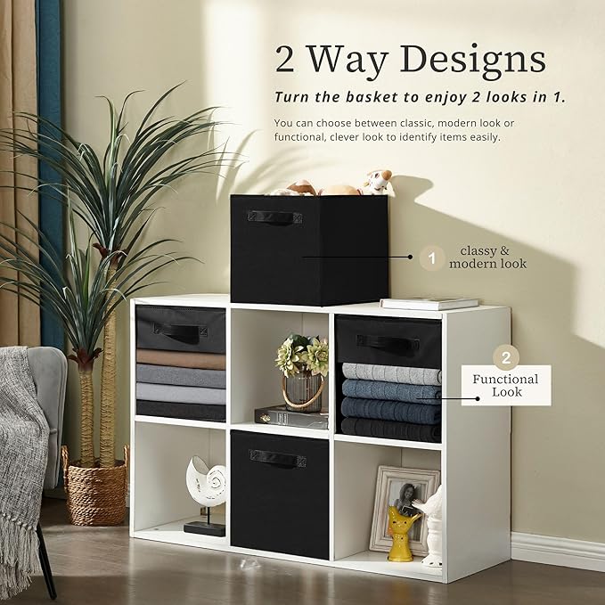DECOMOMO Storage Bins, Cube Storage Bin with Window | 13x15x13", 6 Pack, Fabric Storage Cubes for Shelves (Black)