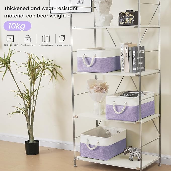 Large Storage Baskets- 15.7x11.8x8.26 inch Storage Bins for Shelves and Closet Organizing, Foldable Fabric Bin for Home Organization Clothes and Laundry (1-Pack, White&Purple)