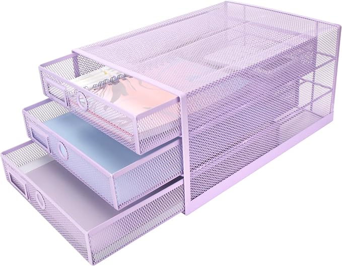 EXERZ Paper Sorter 3 Tier Drawers A4 / Multifunctional Desk Organiser/Letter Tray - Documents, Magazines, Notebooks and Letters - Light Purple