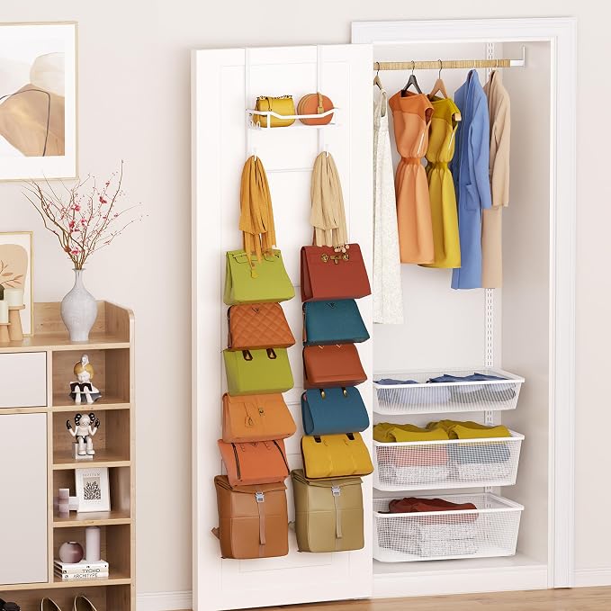 SWTYMIKI Over The Door Purse Organizer - Wall Mounted Purse Rack with 16 Hooks and Metal Basket, Handbag Hanger Organizer Holds up to 16 Bags, Bag Rack Can Use As 1/2 Part, for Door, Closet
