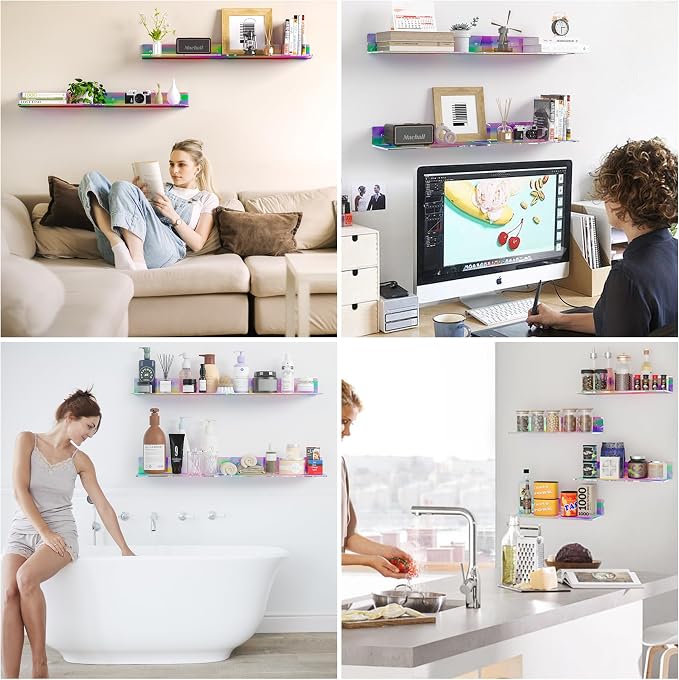 Sezanrpt 15 Inches Iridescent Acrylic Shelves, Wall Mounted Shelves for Bedroom, Wall Display Shelves for Collectibles, Funko Pop, Speaker, Plants, Space Saver, Wide Application, 4 Pack
