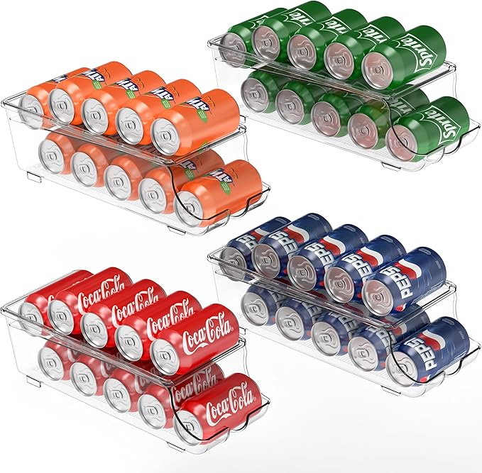 Simple Houseware 4-Pack Auto-Rolling Beverage Can Organizer for Fridge | Clear, Set of 4, Front-Loading Soda Dispenser with Smooth Glide Design, Space-Saving Refrigerator Storage Bins