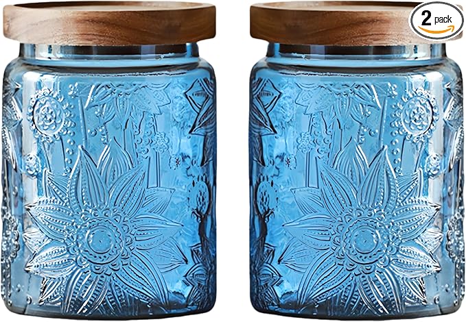 Set of 2 Vintage Blue Glass Storage Jars, 23.7 oz Mason Jars with Lids for Kitchen Pantry, Candy, Flour, Coffee, Pet Food, Decorative Kitchen & Home Decor (Blue, 2 Pack)