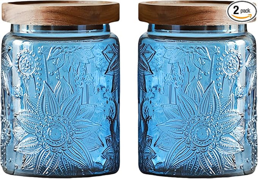 Set of 2 Vintage Blue Glass Storage Jars, 23.7 oz Mason Jars with Lids for Kitchen Pantry, Candy, Flour, Coffee, Pet Food, Decorative Kitchen & Home Decor (Blue, 2 Pack)