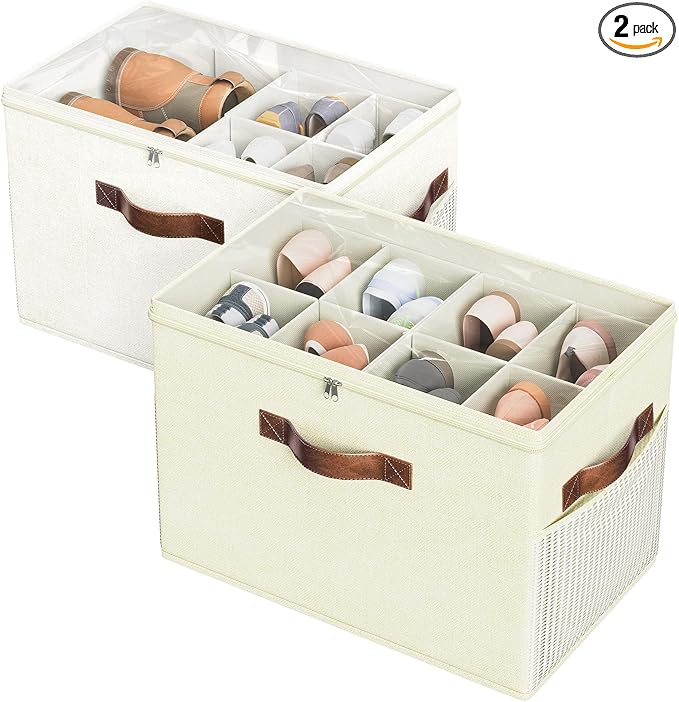 Budding Joy 2 Pack Shoe Organizer for Closet, Clear Foldable Shoe Storage Containers Adjustable Dividers Fits 16 Pairs,Shoe Storage Bins Baskets Boxes with Reinforced Handles Beige Yellow Beige