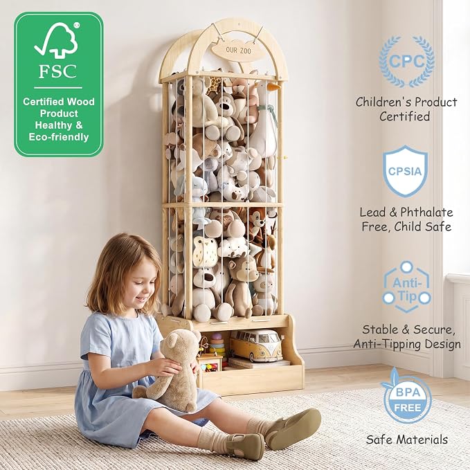 Arched Stuffed Animal Storage Organizer, Wooden Stuffed Animal Zoo Holds 50+ Plush Toys, FSC Pine Wood Plush Toy Holder with Thick Elastic Cords, Open Bottom Cubby for Kids Room Nursery Playroom