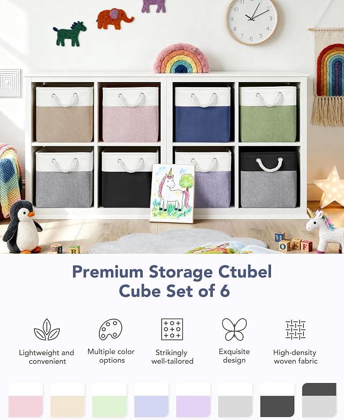 12x12 Storage Cube Bins, 6 Pack Reinforced Bottom Cardboard Foldable Box, Organizer for Closet Shelves, Heavy Home Storage Baskets (White Blue)