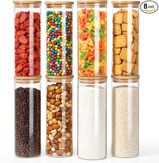 77L Stackable Glass Food Storage Containers with Lids [Set of 8 ], Airtight Glass Canister for Kitchen & Pantry Organization, Clear Borosilicate Jars for Pasta, Cereal, Flour, Sugar, Nuts