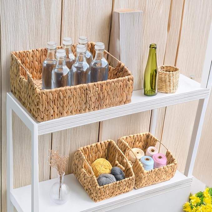 KOKODO Rectangular Wicker Storage Baskets for Shelves, Set of 3 Water Hyacinth Woven Bins with Handles, Open Front Pantry Shelf Organizer for Closet, Bedroom, Boho Decorative, Natural