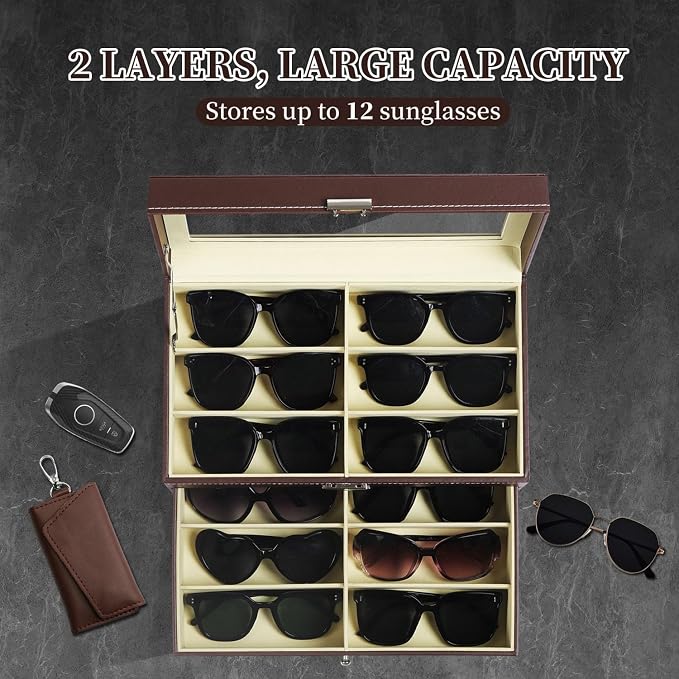 AUTOARK Leather Eyeglasses Storage Case Organizer,12 Piece,Brown,AW-129 | Sunglass Display,Drawer Lockable