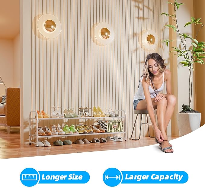 Shoe Rack for Closet, 2 Tier 44 Inch Extra Wide Shoe Storage Organizer for Shelves, Heavy Duty Metal, Easy Assembly, White