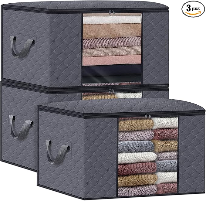 WiseLife Clothes Storage Bags 100L [3 Pack ], Large Capacity Blanket Storage Containers Organizers for Comforters,Bedding,Clothing,Foldable 3 Layer Fabric,Sturdy Zippers,Clear Window,Grey