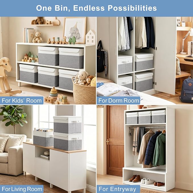 Bagnizer Large 17" 42 Quarts Collapsible Stackable Storage Bins with Lids [3-Pack] Foldable Fabric Linen Storage Boxes Cube, Closet Organizer Baskets with Label (16.7 x 12 x 12, Gray & White)