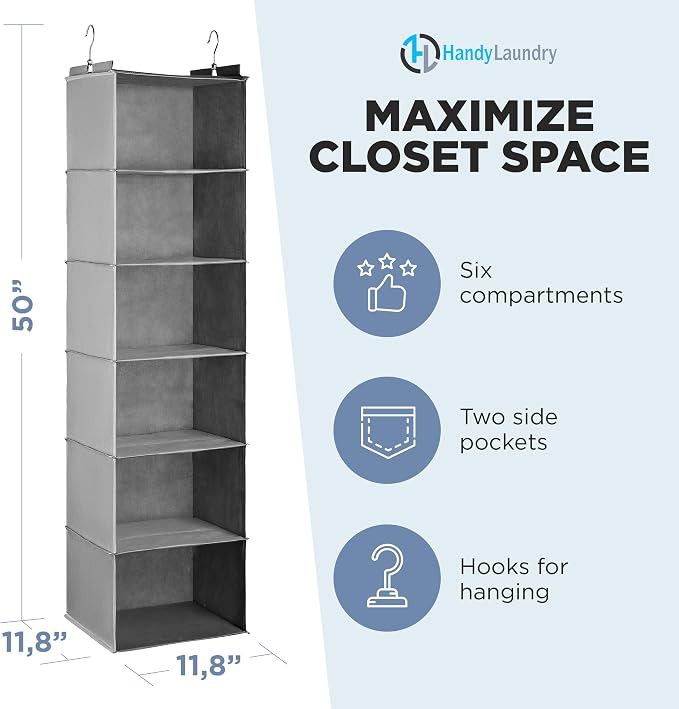Hanging Closet Organizer - 6 Shelf Storage for Clothes, Sweaters, Shoes & Accessories - Space-Saving Wardrobe Shelves with Hooks for Dorm, RV & Small Closet Organization (Grey) (Pack of 2)