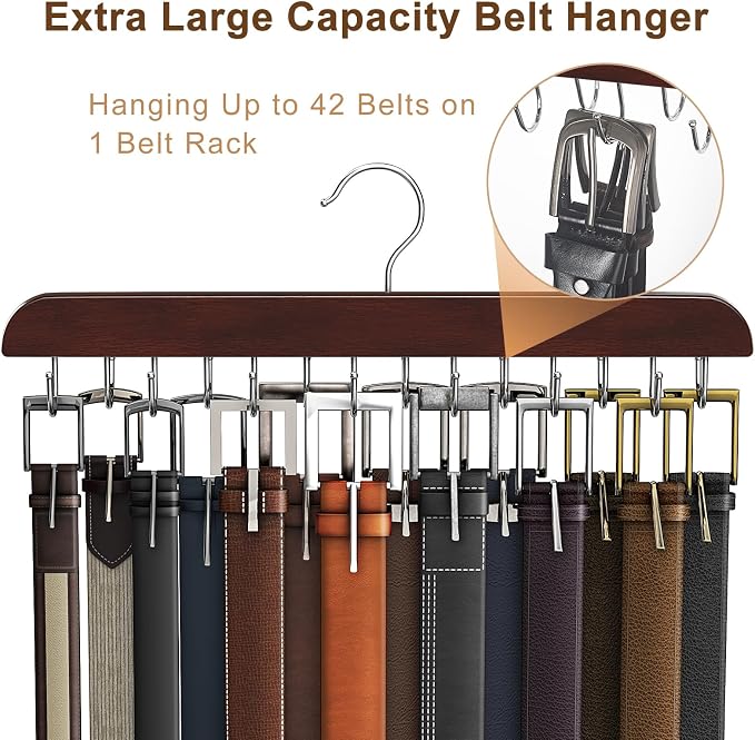 Belt Hanger for Closet Max 42 Belts, Sturdy Wood Belt Rack Closet Accessories with 14 Hooks Belt Organizer for Closet Organizers and Storage - Mahogany 1 Pack