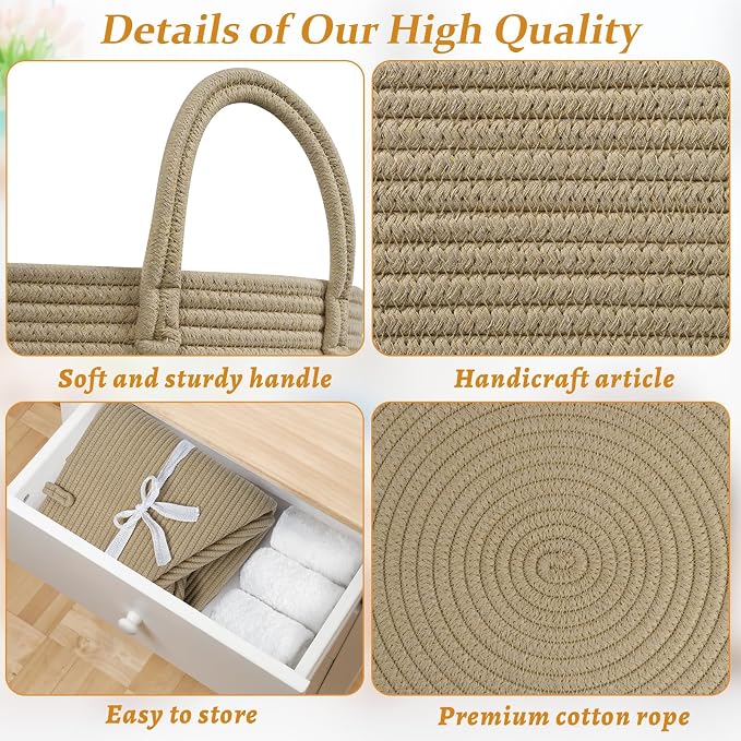 67L Large Woven Blanket Basket, Cotton Rope Baby Laundry Hamper with Handles, Kids Toy Basket for Classroom & Nursery, Soft Round Stuffed Animal Storage, Dog Toy Bin - 20"x13", Brown
