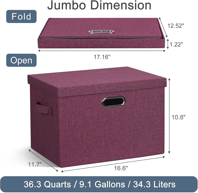 Graciadeco Large 17" 36 Quart Collapsible Stackable Storage Bins with Lids, 3 Packs Purple Linen Fabric Closet Boxes with Lids, Storage Cube Baskets Container Organizers for Bedroom Office (17x12x11)