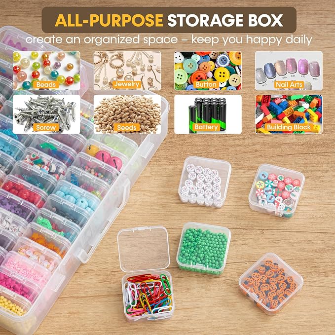 Portable Bead Organizer, 120Pcs Small Clear Storage Boxes with Hinged Lid and Large Craft Case with Handle, Mini Plastic Containers for Jewelry Making Diamonds Arts Screws Seeds Small Parts