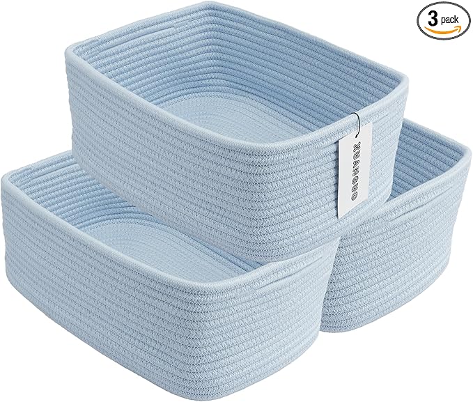 XUANGUO Small Woven Storage Baskets 13“X9”X5“ Decorative Rope Bins for Organizing Shelves, Closets, and Toys, Empty Gift Baskets, Cute Organizer Basket for Home and Office (blue, Large)