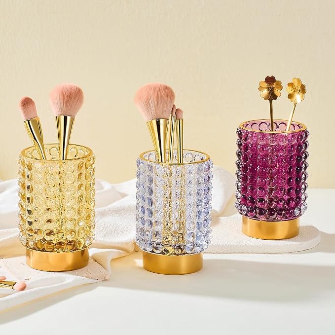 Makeup Brush Holder Organizer,Toothbrush Holders,Desk Pen Pencil Holder,Multifunctional Vintage Glass Brush Cup(A38-3-US/Gold/L)