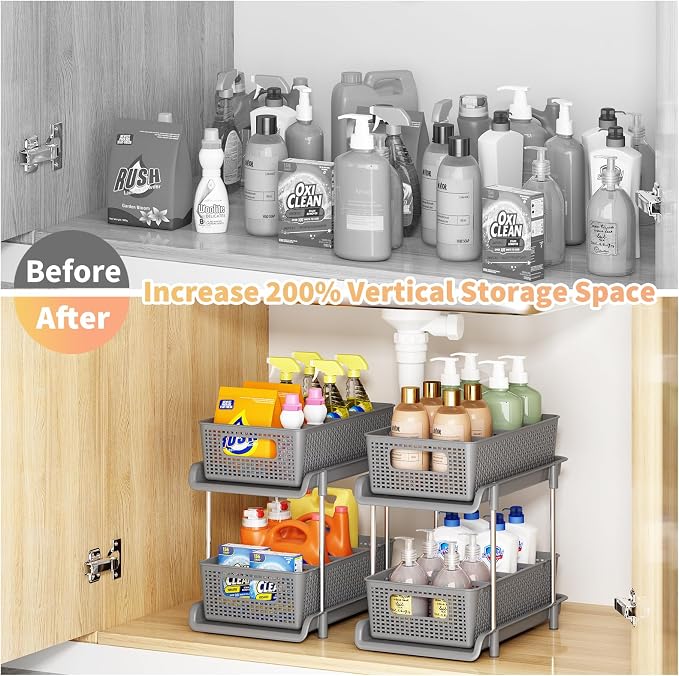 RIKOJUXI Bathroom Organizer with Dividers, 2Pcs 2 Tier Stackable Under Sink Organizers and Storage Cabinet Organizers for Bathroom Kitchen Pantry Organization and Storage, Medicine Cabinet Organizer