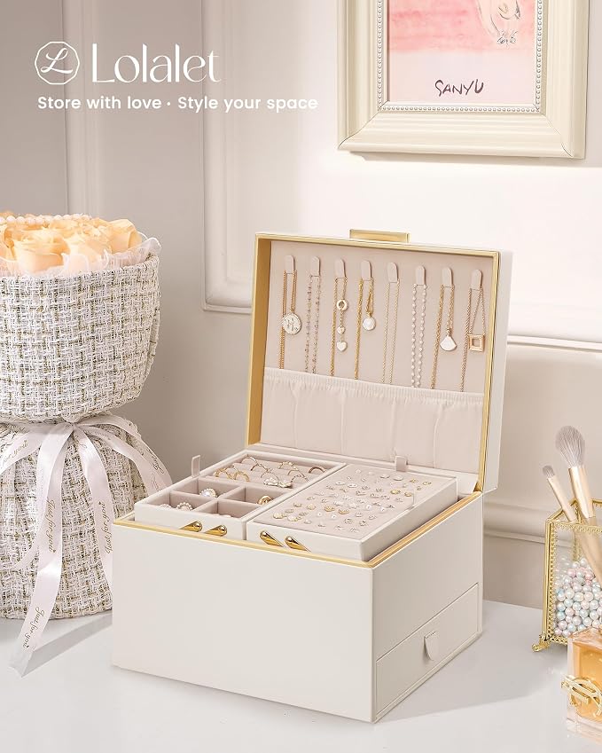 Lolalet Jewelry Box Organizer for Women Girls, 2 Layer Jewelry Organizers and Storage for Necklace Earrings Rings Bracelets, Large Jewellery Holder Case Birthday Gifts -Cream