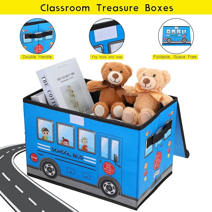Sweetude 2 Pcs School Bus Treasure Box for Classroom, Foldable Chest Storage Toy Box Chest with Lid Treasure Storage Organizer Bin for Kids Teachers Toy Prizes Awards for Students(Yellow, Blue)