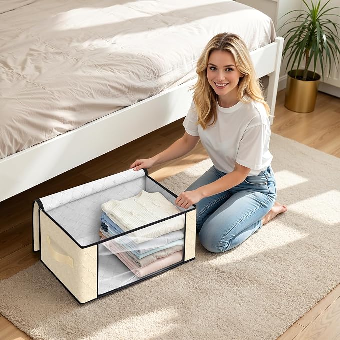 Fab totes 35L Closet Organizers and Storage, Foldable Under Bed Storage Containers, Storage bags for Organizing Bedroom, Closet, Clothing,Organization with Handle (4 Pack,Beige)