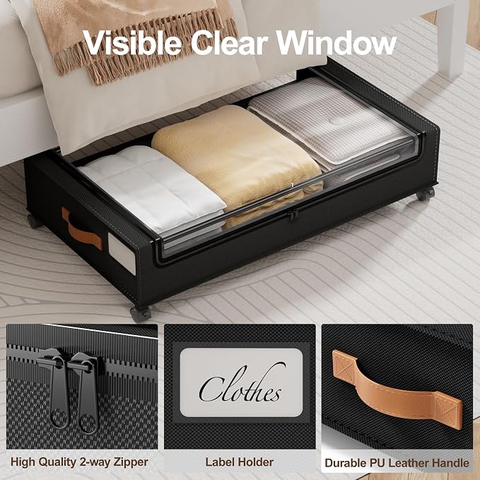 LAMU Under Bed Storage with Wheels, 2 Pack Under Bed Storage Containers with Clear Lid, XXL 60 L Underbed Storage Bins, Rolling Under Bed Metal Drawers for Clothes, Blankets, Shoes, Black