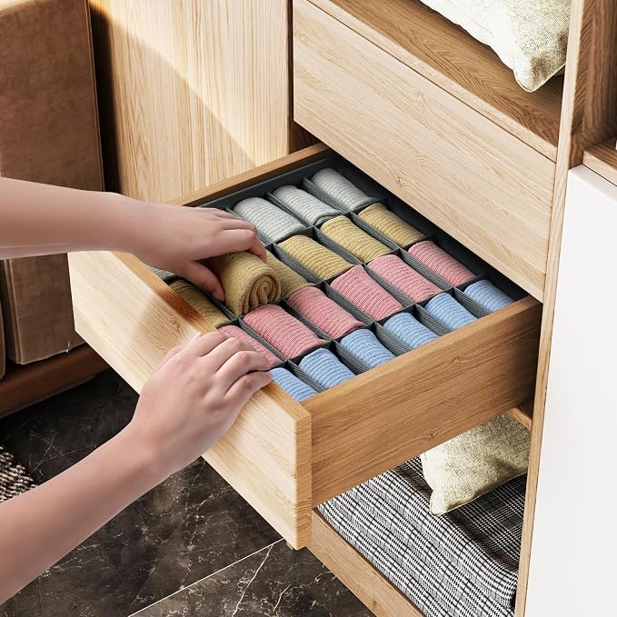 Joyoldelf Sock Drawer Organizer Divider Underwear Organizer 24-cell Fabric Dresser Drawer Organizers Storage Boxes for Socks Lingerie, Handkerchiefs, Ties 4 Pack (Grey)