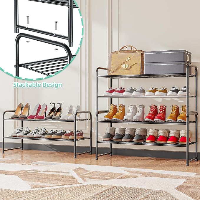 SUFAUY 2-Tier 33" Wide Shoe Rack, Closet Metal Shoe Rack Organizer Heavy Duty, Stackable, Black