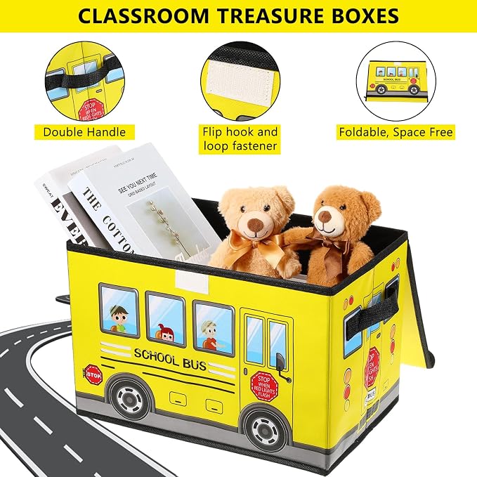 Sweetude 4 Pcs Prize Box for Classroom, School Bus Treasure Box Foldable Chest Storage Box Kids Toy Chest with Lid Treasure Storage Organizer Bin for Teachers Students Awards (Yellow, Pink, Red, Blue)