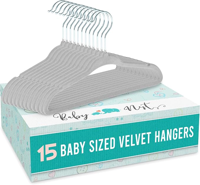 Kids Plastic Velvet Hangers for Closet, Children Non-Slip Hangers Dividers for Nursery Closet Organizer, Grey - Pack of 15