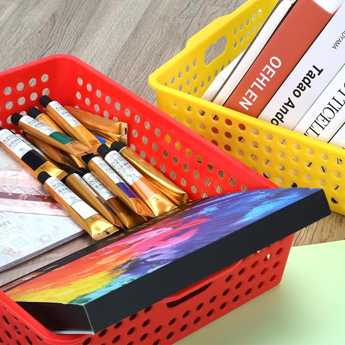 6-Pack Stackable Paper Trays with Handles, Modern Desktop Organizer for A4 Documents, Homework Turn-in Bins for Classroom & Office Use (Rainbow)