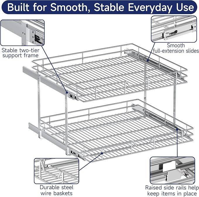 2-Tier Pull Out Cabinet Organizer, 27" W x 21.5" D, Heavy Duty Dual Slide Out Shelves for Wide Base Cabinets, Chrome Wire Basket Drawer for Pots, Pans, Pantry & Cleaning Supplies