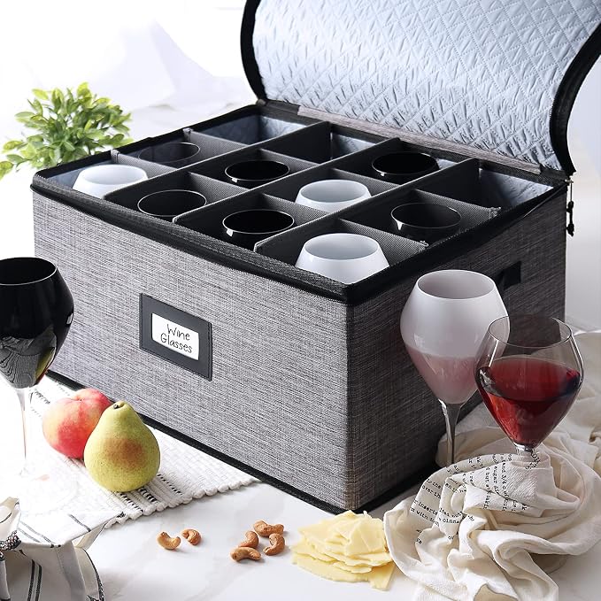 Wine Glass Storage Box with Dividers, Quilted and Stackable Stemware Storage Cases, Service of 12 Glassware Storage Containers, China Storage Containers Hard Shell for Moving and Seasonal Storage