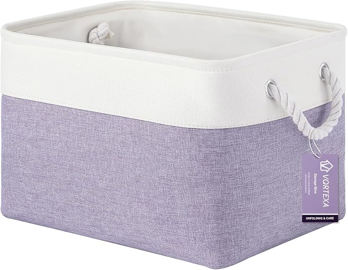 Large Storage Baskets- 15x11x10 inch Storage Bins for Shelves and Closet Organizing, Foldable Fabric Bin for Home Organization Clothes and Laundry (1-Pack, White&Purple)