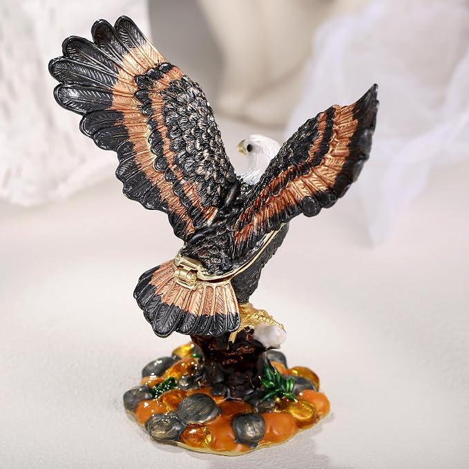 Hand Painted Animal Trinket Box for Home Decor, Hinged Jewelry Organizer Storage, Unique Personalized Collectible Keepsake Figurine Handmade Decorative Ornament Gifts (Eagle)